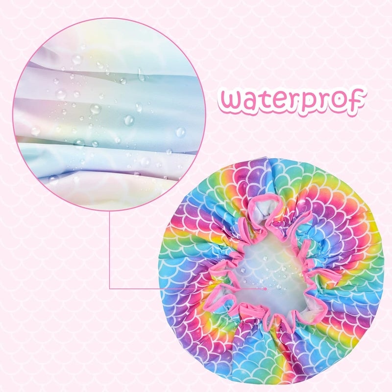 OlyPegic Kids Shower Cap, 3 Pcs Girls Shower Cap for Kids Reusable Waterproof Adjustable Large Hair Cap Unicorn Mermaid Rainbow Cute Hair Cover Hat - Image 5